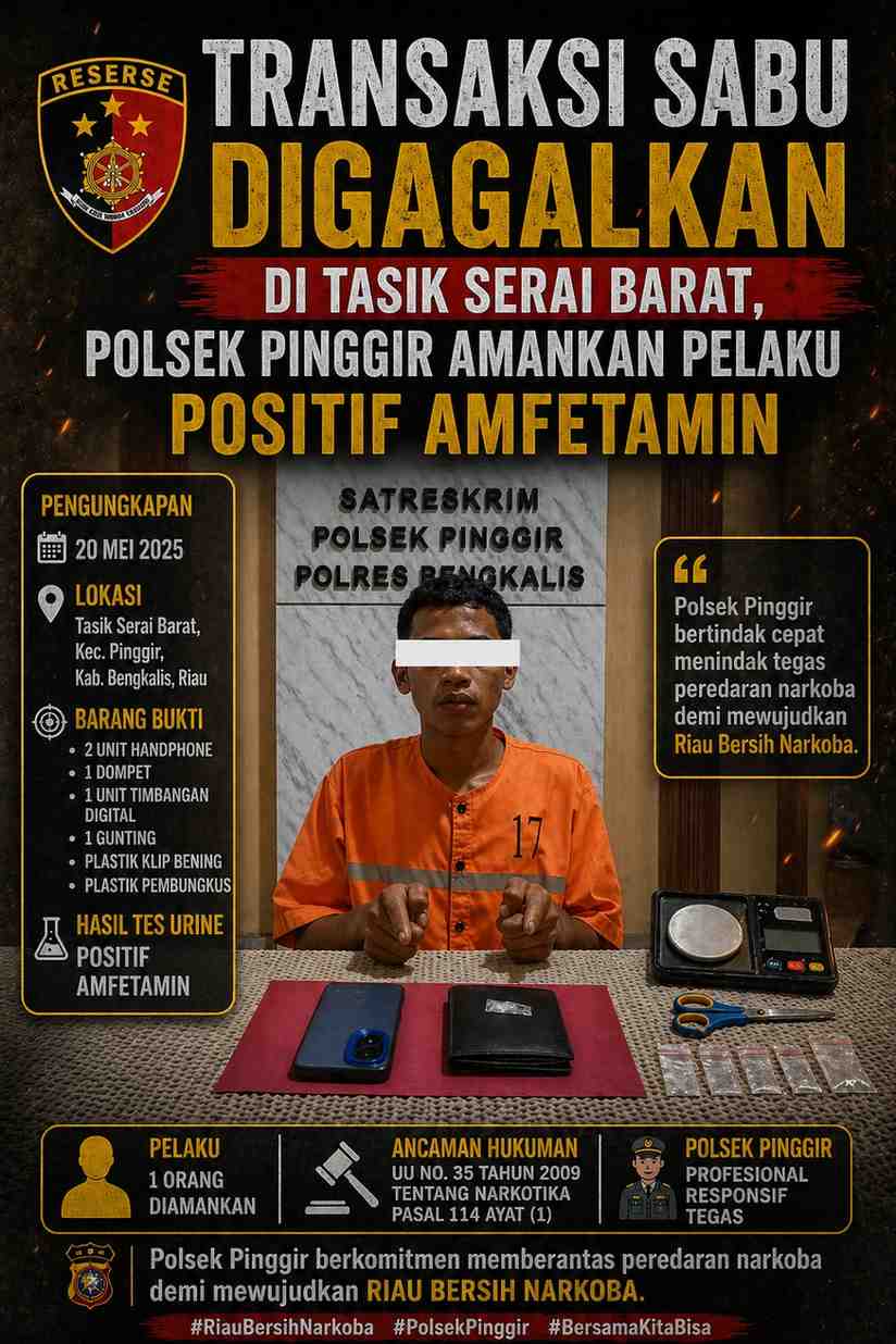 Transaksi Sabu Digagalkan di Tasik Serai Barat, Polsek Pinggir Amankan Pelaku Positif Amfetamin