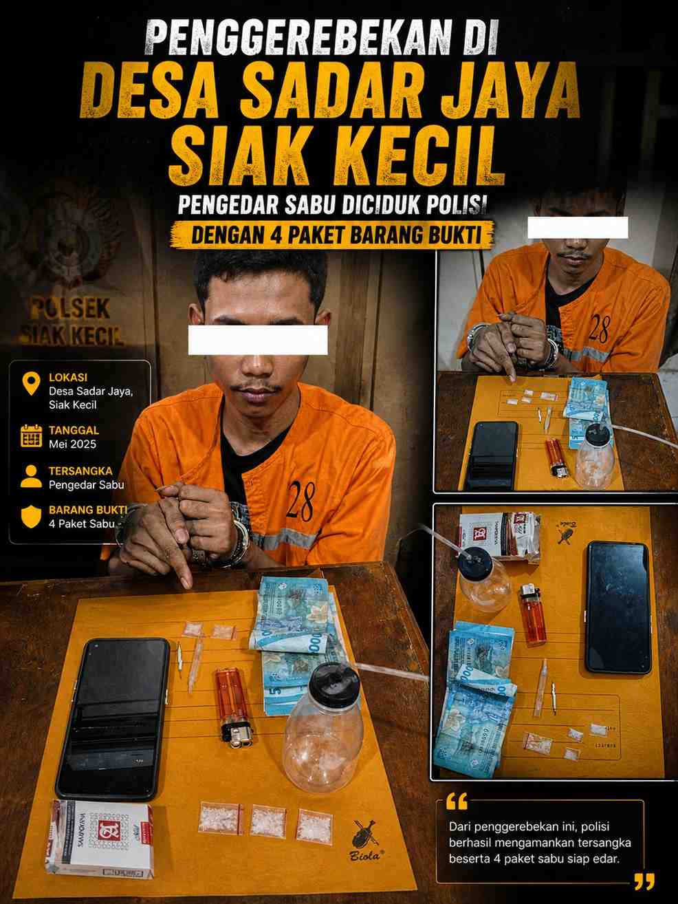 Penggerebekan di Desa Sadar Jaya Siak Kecil, Pengedar Sabu Diciduk Polisi dengan 4 Paket Barang Bukti