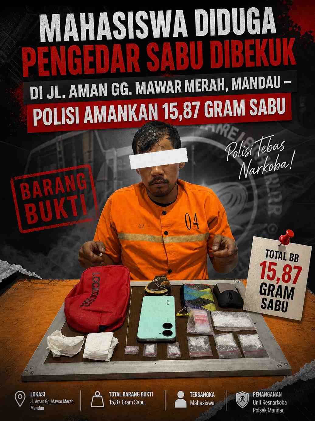 Mahasiswa Diduga Pengedar Sabu Dibekuk di Jl. Aman Gg. Mawar Merah, Mandau – Polisi Amankan 15,87 Gram Sabu