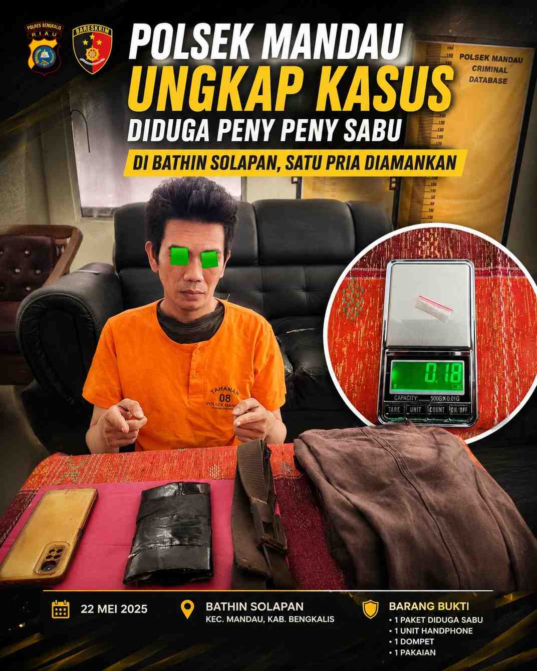 Polsek Mandau Ungkap Kasus Diduga Peny Peny Sabu di Bathin Solapan, Satu Pria Diamankan